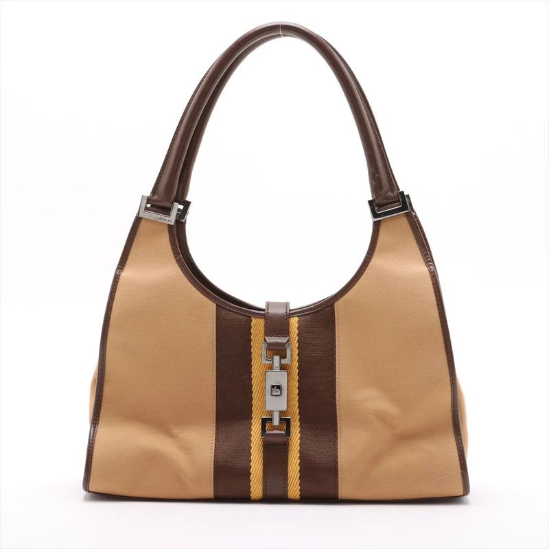 Gucci Jackie Leather Canvas Handbag Tote Brown