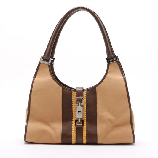 Gucci Jackie Leather Canvas Handbag Tote Brown