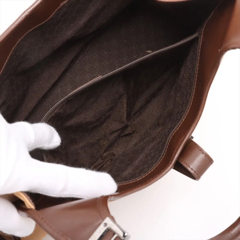 Gucci Jackie Leather Canvas Handbag Tote Brown