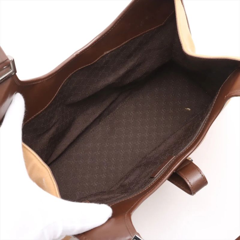 Gucci Jackie Leather Canvas Handbag Tote Brown