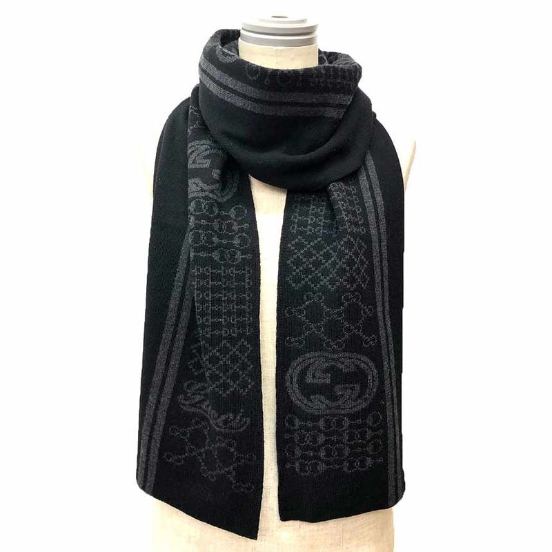 Gucci Wool Scarf Black Gray GG Bit Pattern