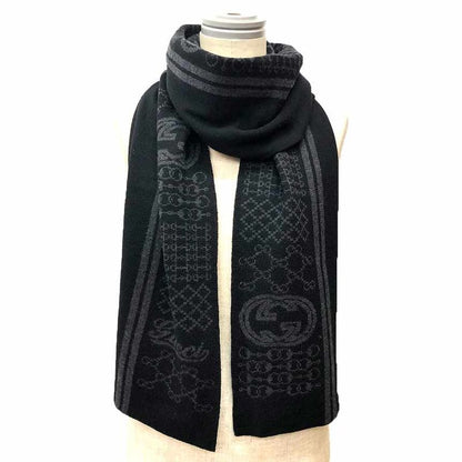 Gucci Wool Scarf Black Gray GG Bit Pattern