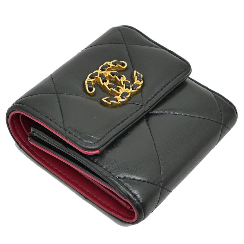 Chanel 19 Small Flap Wallet Black Lambskin Leather Trifold