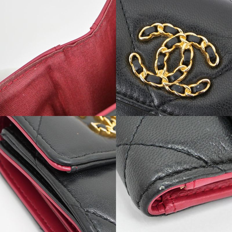 Chanel 19 Small Flap Wallet Black Lambskin Leather Trifold
