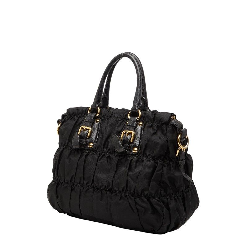 Prada Gather Logo Tote Shoulder Bag 2-Way Black Nylon Leather