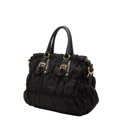 Prada Gather Logo Tote Shoulder Bag 2-Way Black Nylon Leather
