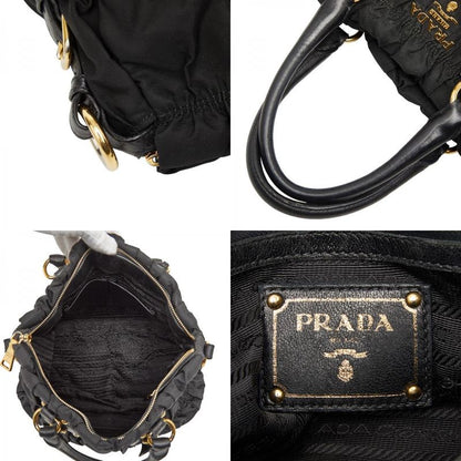Prada Gather Logo Tote Shoulder Bag 2-Way Black Nylon Leather