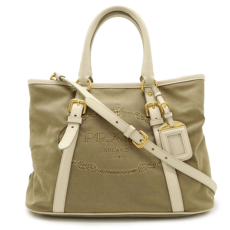 Prada Logo Jacquard Tote 2-Way Shoulder Bag Corda Beige Talco White Domestic
