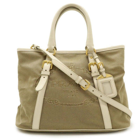 Prada Logo Jacquard Tote 2-Way Shoulder Bag Corda Beige Talco White Domestic