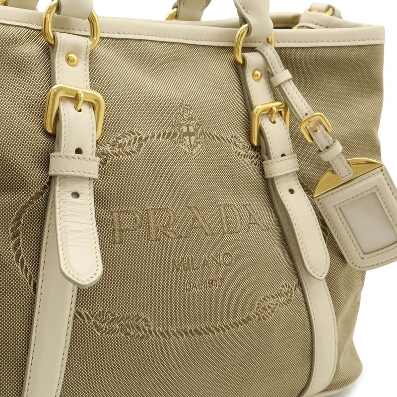 Prada Logo Jacquard Tote 2-Way Shoulder Bag Corda Beige Talco White Domestic