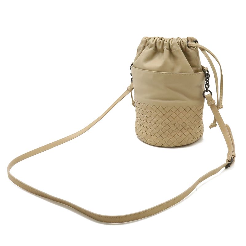 Bottega Veneta Intrecciato Shoulder Bag Crossbody Drawstring Leather Beige