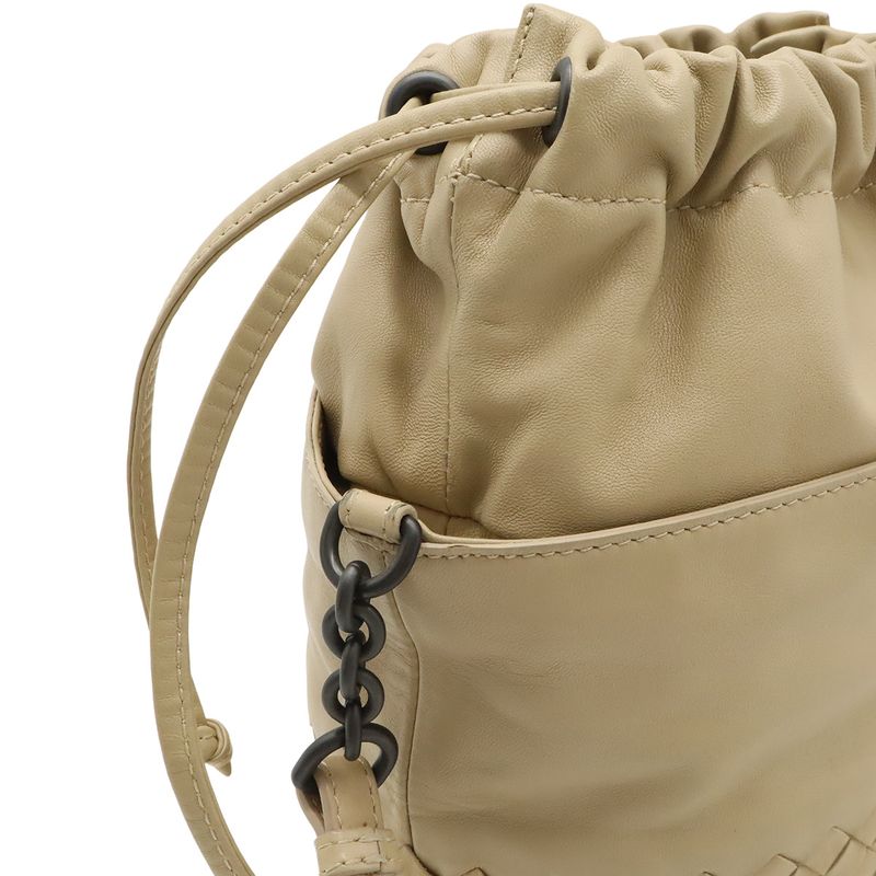 Bottega Veneta Intrecciato Shoulder Bag Crossbody Drawstring Leather Beige