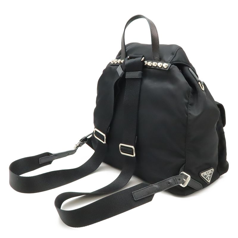 Prada Triangle Logo Backpack Studs Nylon Leather Nero Black