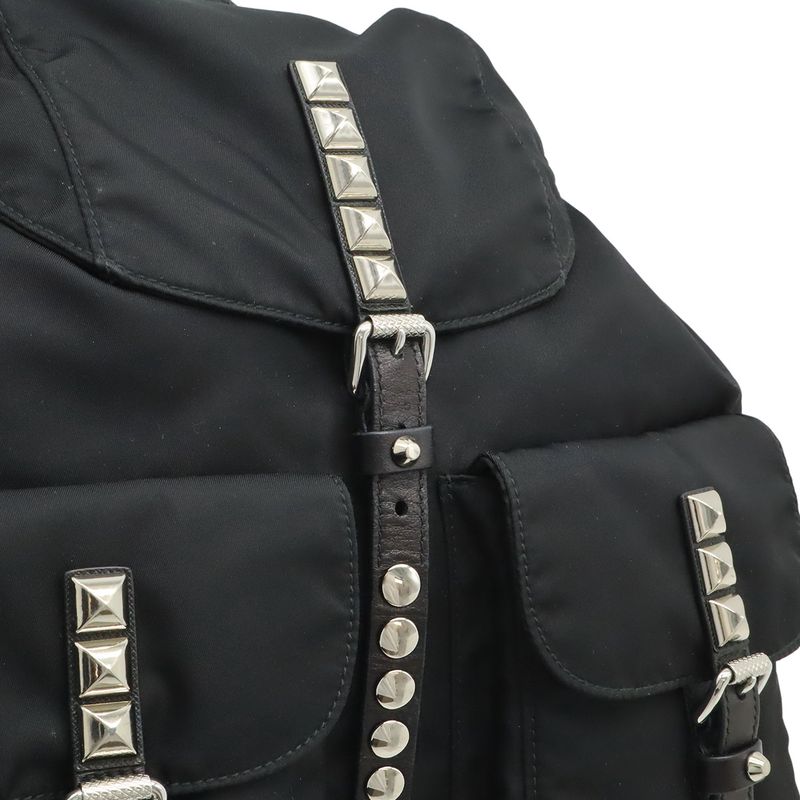 Prada Triangle Logo Backpack Studs Nylon Leather Nero Black