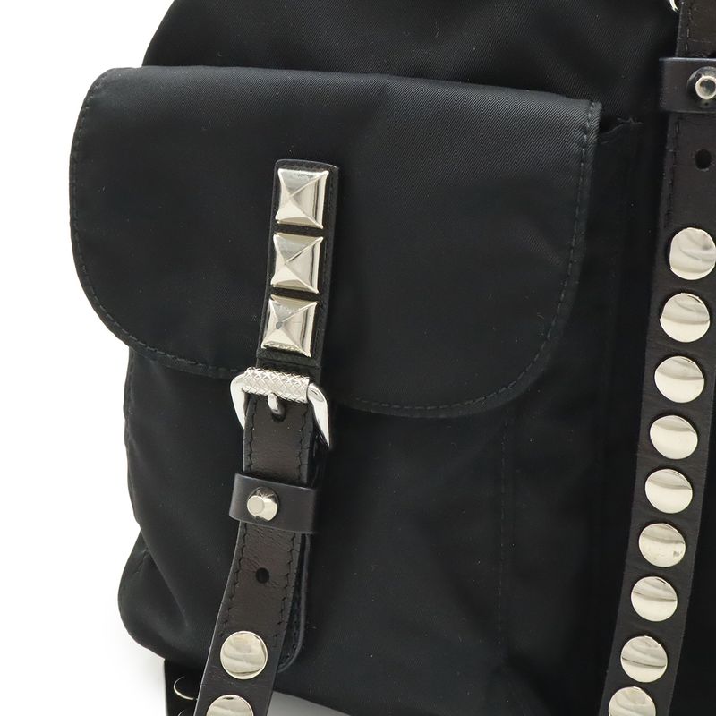 Prada Triangle Logo Backpack Studs Nylon Leather Nero Black