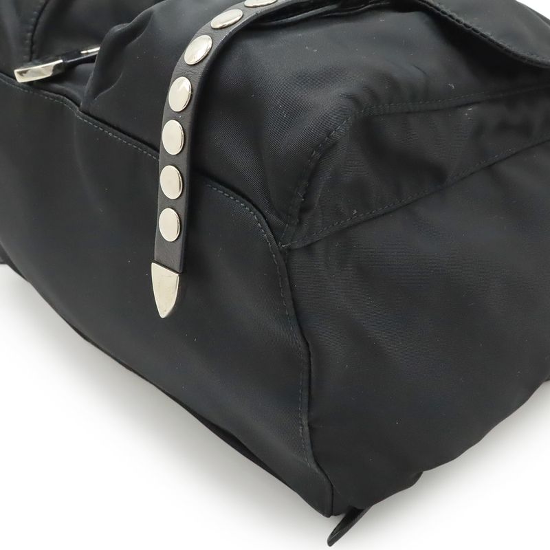 Prada Triangle Logo Backpack Studs Nylon Leather Nero Black