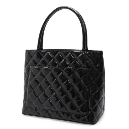 Chanel Quilted CC Logo Medallion Tote Shoulder Bag Enamel Leather Black