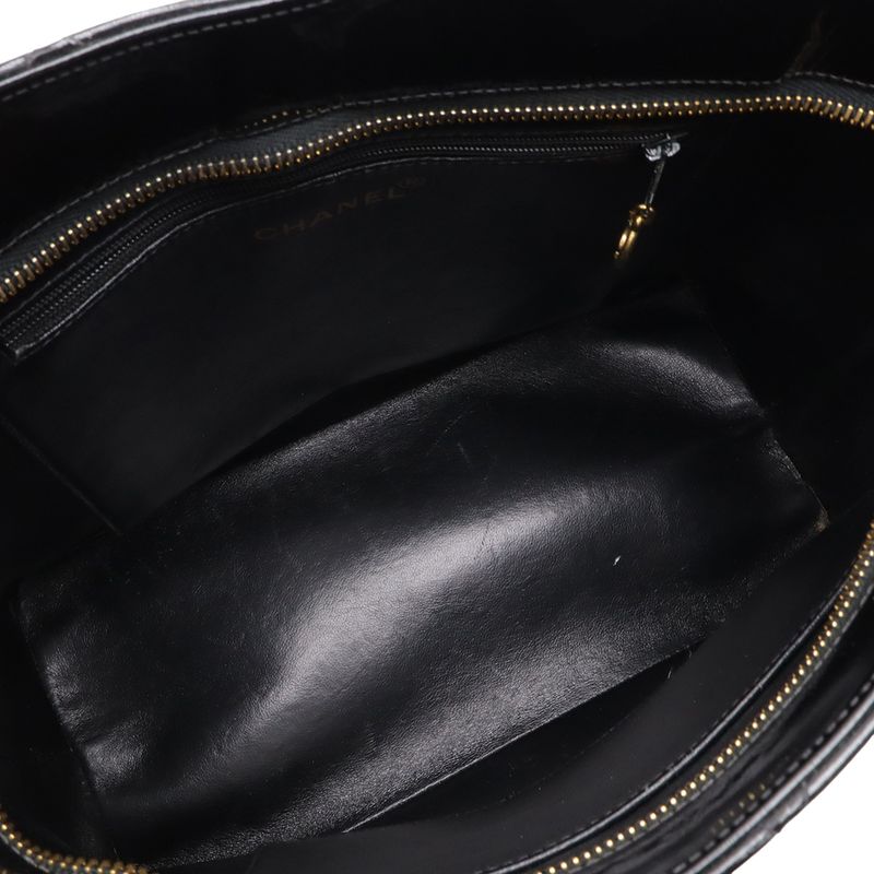 Chanel Quilted CC Logo Medallion Tote Shoulder Bag Enamel Leather Black
