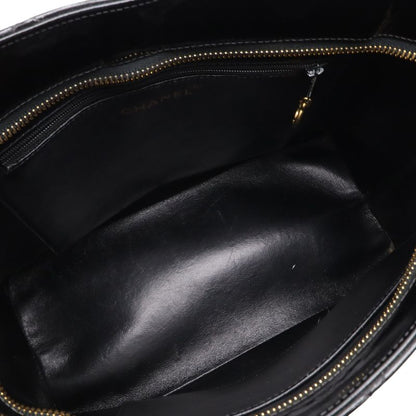 Chanel Quilted CC Logo Medallion Tote Shoulder Bag Enamel Leather Black