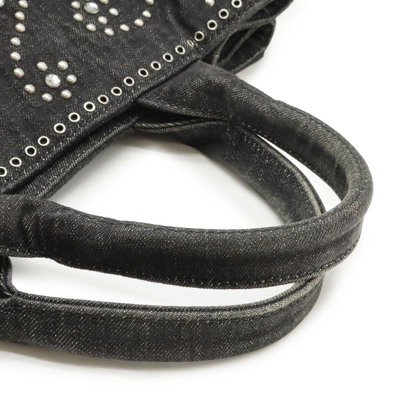 Prada Canapa Tote 2-Way Shoulder Bag Denim Visual Studs Nero Black Domestic