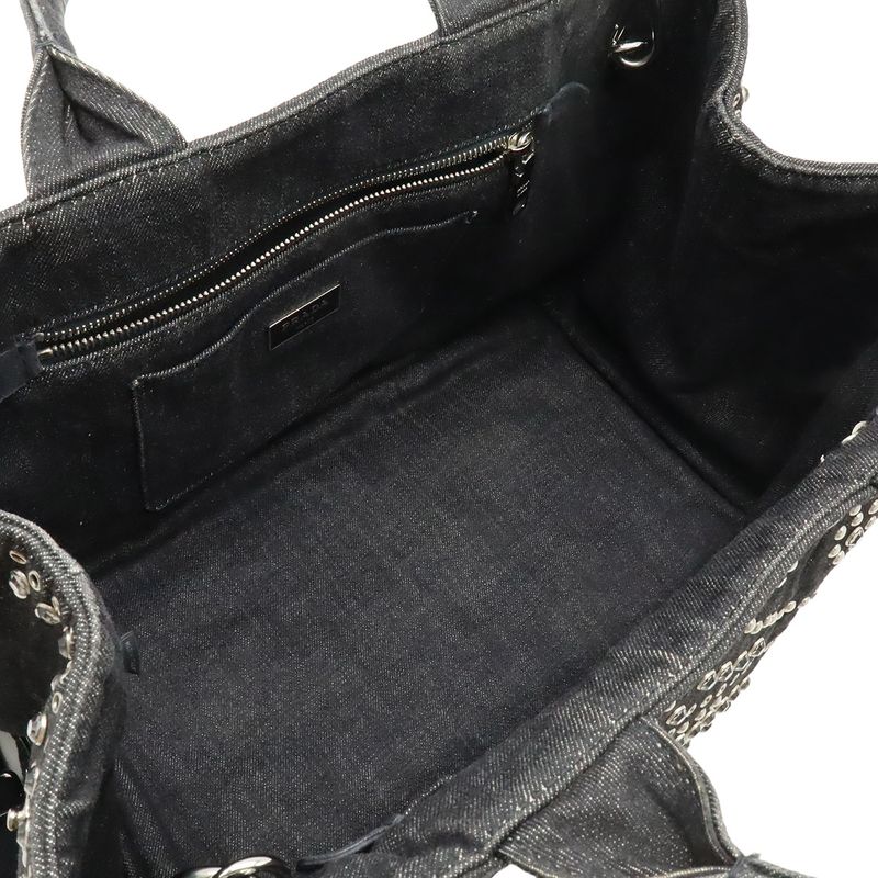 Prada Canapa Tote 2-Way Shoulder Bag Denim Visual Studs Nero Black Domestic