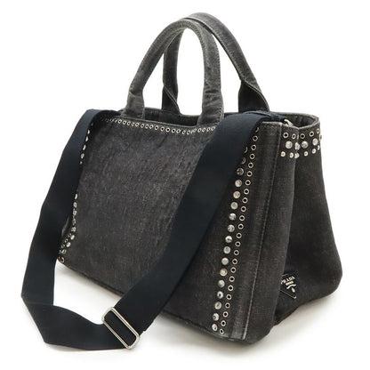 Prada Canapa Tote 2-Way Shoulder Bag Denim Visual Studs Nero Black Domestic