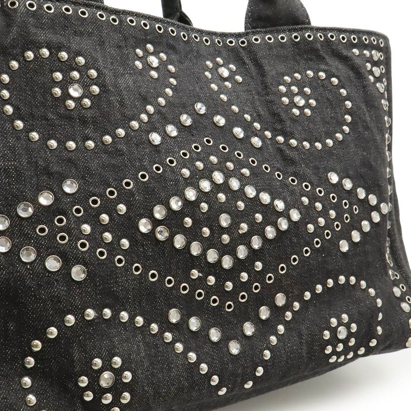 Prada Canapa Tote 2-Way Shoulder Bag Denim Visual Studs Nero Black Domestic