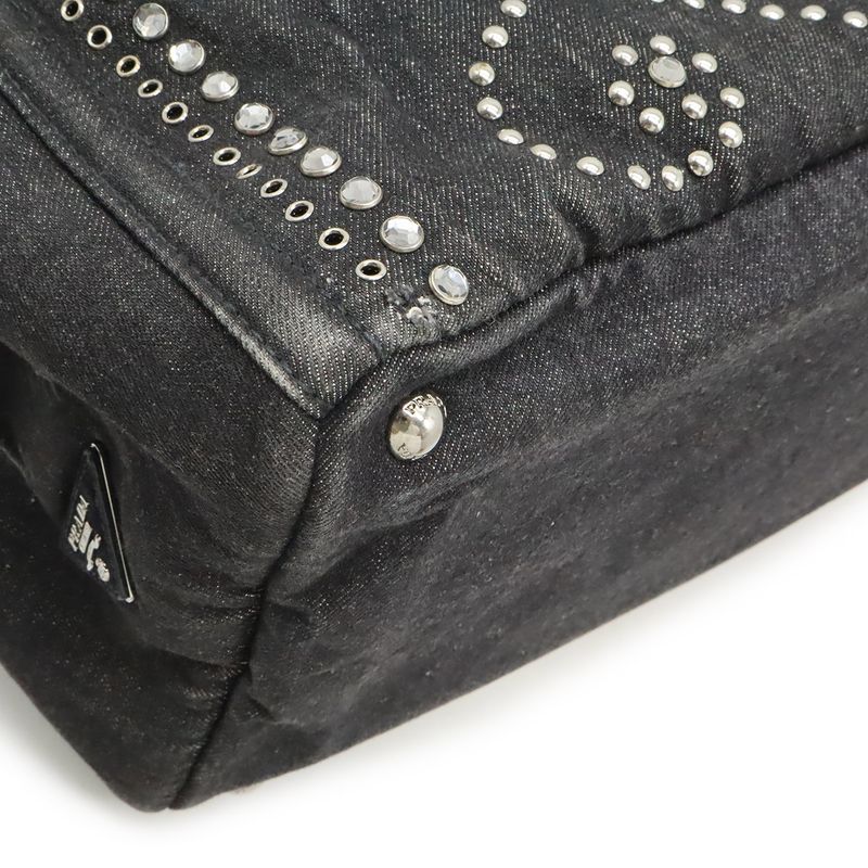 Prada Canapa Tote 2-Way Shoulder Bag Denim Visual Studs Nero Black Domestic