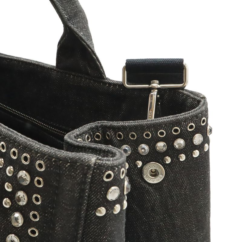 Prada Canapa Tote 2-Way Shoulder Bag Denim Visual Studs Nero Black Domestic