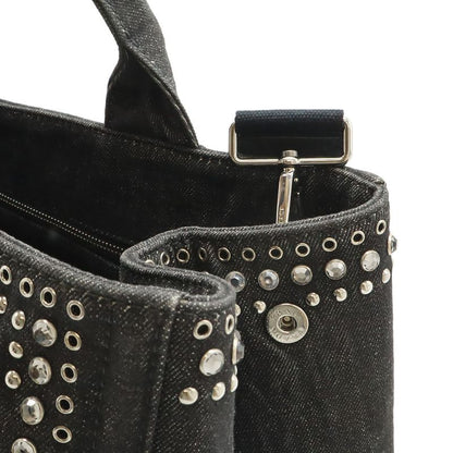 Prada Canapa Tote 2-Way Shoulder Bag Denim Visual Studs Nero Black Domestic