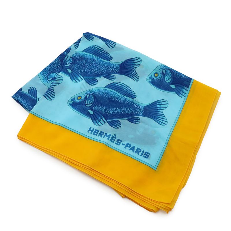 Hermes Large Shawl Scarf Pareo Fish Motif Pattern Cotton Blue