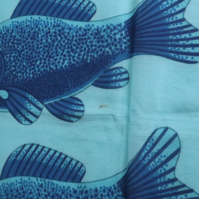 Hermes Large Shawl Scarf Pareo Fish Motif Pattern Cotton Blue