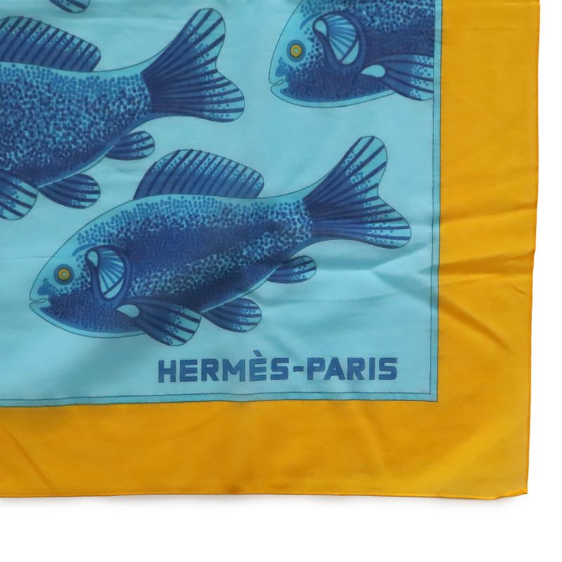 Hermes Large Shawl Scarf Pareo Fish Motif Pattern Cotton Blue