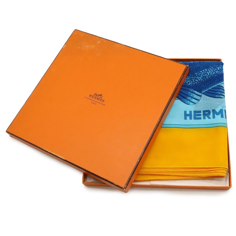 Hermes Large Shawl Scarf Pareo Fish Motif Pattern Cotton Blue