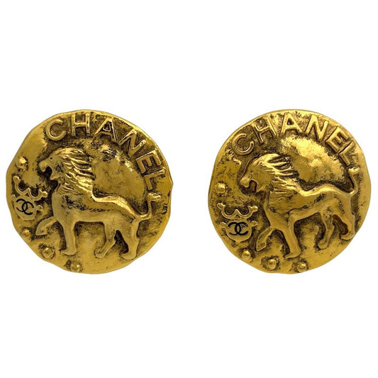 Chanel Logo Round Earrings CC Mark Lion Motif Gold Plated