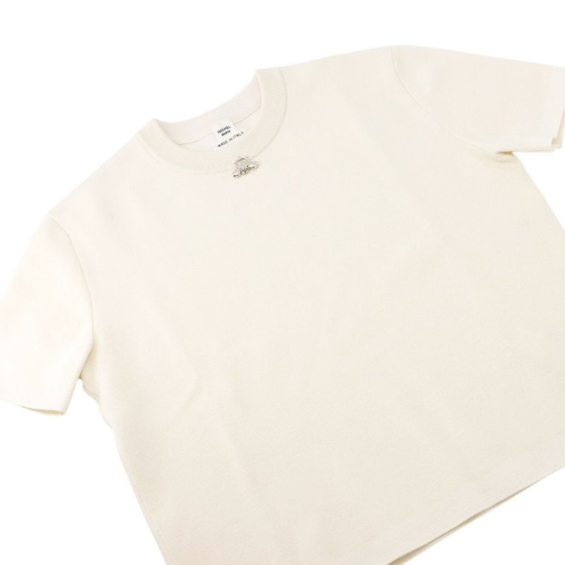 Hermes Knit Top Short Sleeve Palfrow Remix Motif Silk Cashmere 36 White Blanc-naturel