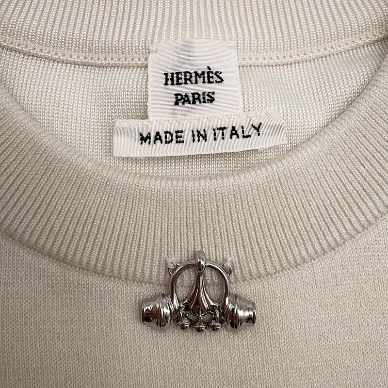 Hermes Knit Top Short Sleeve Palfrow Remix Motif Silk Cashmere 36 White Blanc-naturel