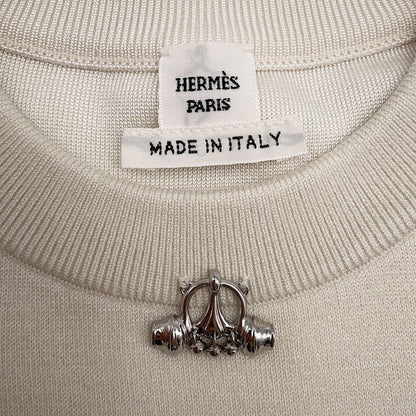 Hermes Knit Top Short Sleeve Palfrow Remix Motif Silk Cashmere 36 White Blanc-naturel