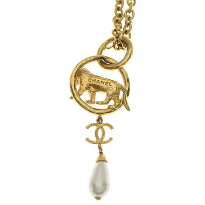Chanel Lion CC Logo Pearl Chain Pendant Necklace Gold