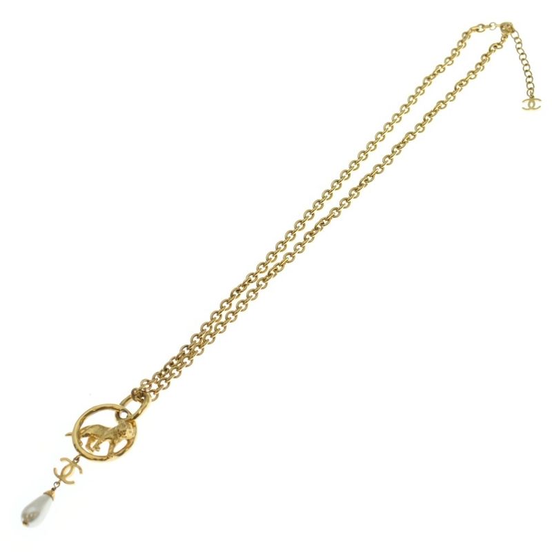 Chanel Lion CC Logo Pearl Chain Pendant Necklace Gold