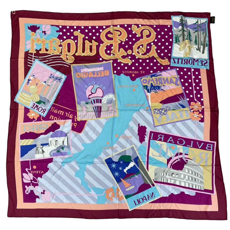 Bvlgari Scarf Shawl with Large Charm Silk Logo Purple Gold