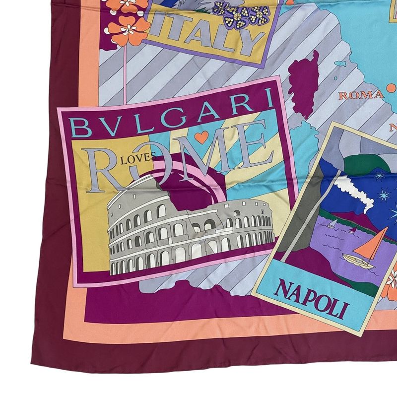 Bvlgari Scarf Shawl with Large Charm Silk Logo Purple Gold