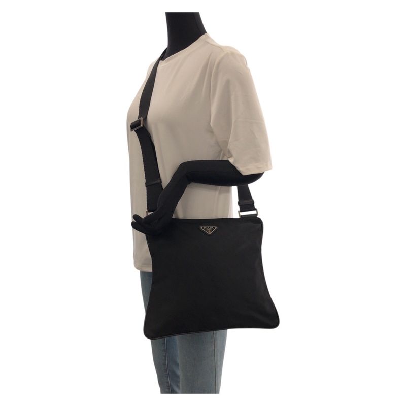 Prada Tessuto Black Silver Nylon Leather Shoulder Bag