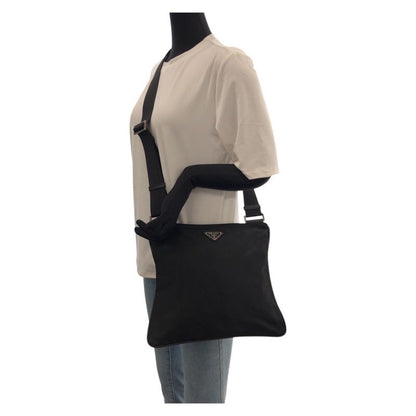 Prada Tessuto Black Silver Nylon Leather Shoulder Bag
