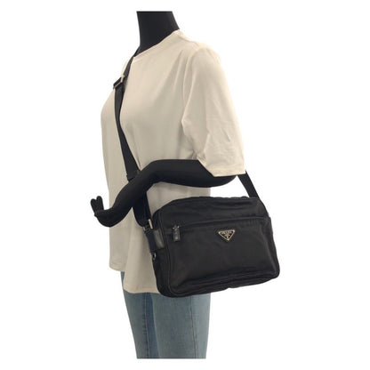 Prada Tessuto Black Silver Nylon Leather Shoulder Bag