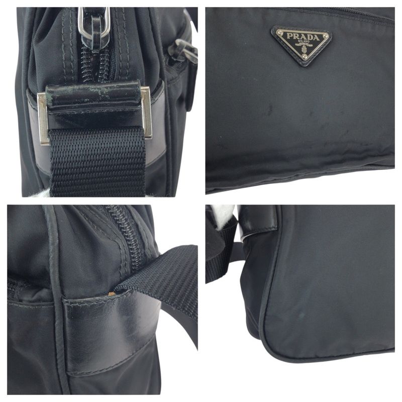 Prada Tessuto Black Silver Nylon Leather Shoulder Bag