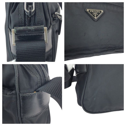 Prada Tessuto Black Silver Nylon Leather Shoulder Bag