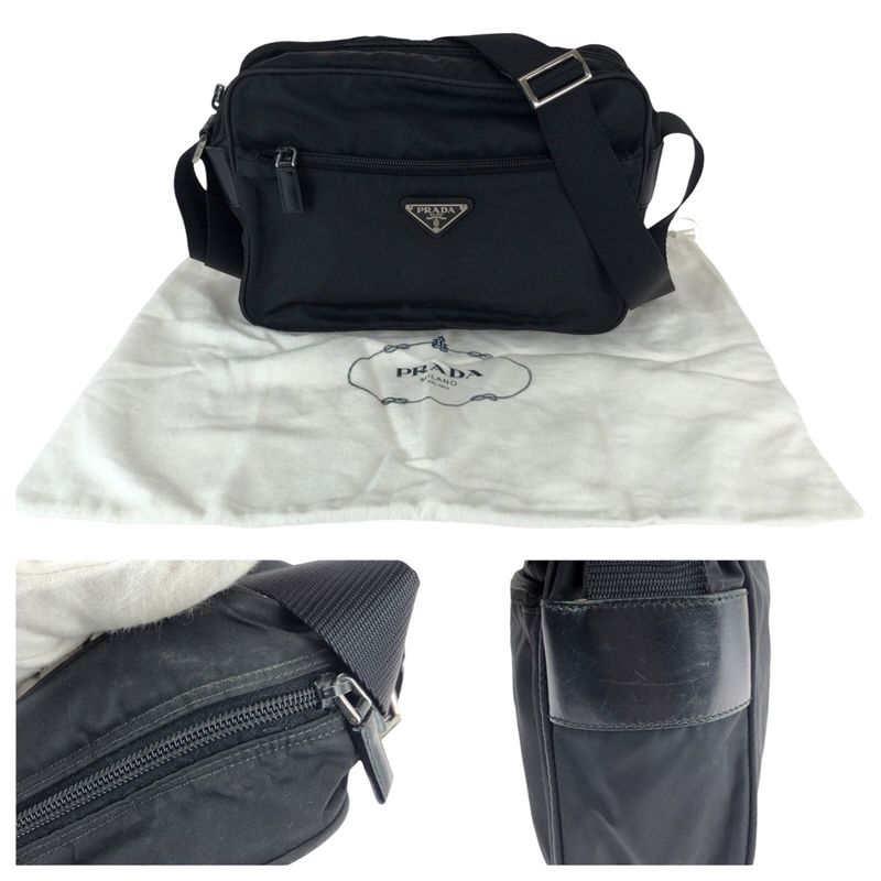 Prada Tessuto Black Silver Nylon Leather Shoulder Bag