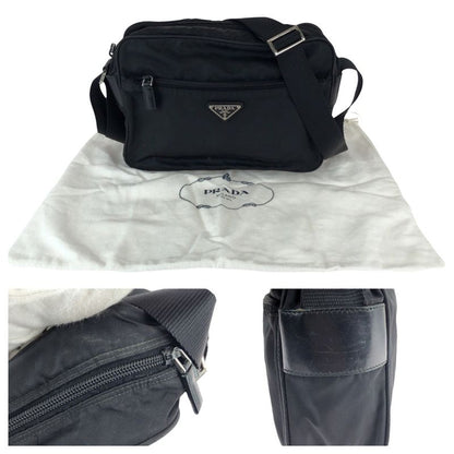 Prada Tessuto Black Silver Nylon Leather Shoulder Bag