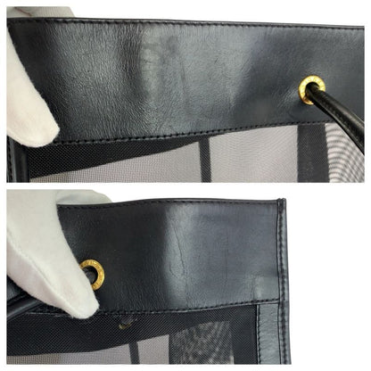 Fendi FF Logo Black Gold Leather Mesh Tote Shoulder Bag